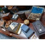 A COLLECTION OF TREEN VARIOUS BOXES INCLUDING TEA CADDIES, WORK BOXES ETC, SOME WITH CONTENTS,