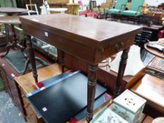 AN 19th CENTURY MAHOGANY CAMPAIGN FOLD OVER TABLE WITH DETACHABLE LEGS AND END DRAWERS.