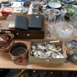 VARIOUS COPPER PLANTERS AND BOWLS, GLASS PAPERWEIGHTS, PLATED CUTLERY, ETC