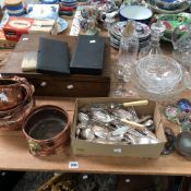 VARIOUS COPPER PLANTERS AND BOWLS, GLASS PAPERWEIGHTS, PLATED CUTLERY, ETC