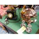 A VICTORIAN KETTLE ON STAND, A PAIR OF MODERN PLATED CHAMBER STICKS AND A RETRO STYLE TELEPHONE.