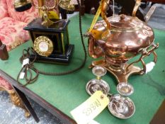 A VICTORIAN KETTLE ON STAND, A PAIR OF MODERN PLATED CHAMBER STICKS AND A RETRO STYLE TELEPHONE.