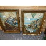 A PAIR OF EARLY RELIGIOUS PRINTS WITH LATER SILK WORK AND TEXTILE OVER LAYS, 24 x 18 cms