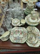 A COPELANDS SPODE PART DINNER SERVICE AND VARIOUS GLASS WARES.