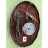 A SMALL MAHOGANY OVAL WINE TRAY WITH WAVY GALLERY EDGE 30CM LONG TOGETHER WITH AN ANTIQUE BULLS HEAD