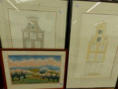 S. WOOLSTON FIVE WATERCOLOUR DRAWINGS OF CONTINENTAL HOUSES TOGETHER WITH A NEEDLE WORK PICTURE (6)