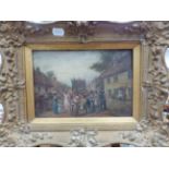 A 19th C. OIL ON PANEL DEPICTING A VILLAGE FETE SCENE WITH PUNCH AND JUDY AND MARCHING BAND. 24 x