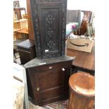 A 19th C. MADE OAK HANGING CORNER CABINET H 92 W 78 D 42cms TOGETHER WITH A SMALLER LATER CARVED