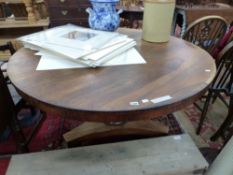 A MID 19th C. ROSEWOOD BREAKFAST TABLE, THE CIRCULAR TOP ON OCTAGONAL COLUMN FLARING TO A TRIPARTITE