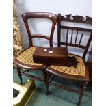 AN ANTIQUE HANGING CANDLE BOX WITH TWO LATE VICTORIAN BEDROOM CHAIRS.