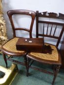 AN ANTIQUE HANGING CANDLE BOX WITH TWO LATE VICTORIAN BEDROOM CHAIRS.