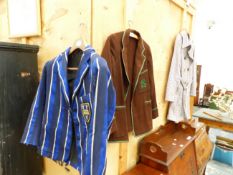 TWO VINTAGE SCHOOL CRICKET BLAZERS AND A ROXY TRENCH COAT.