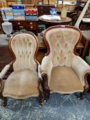 TWO VICTORIAN MAHOGANY SHOW FRAME ARMCHAIRS BUTTON UPHOLSTERED IN BEIGE VELVET