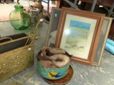FUR STOLES, A LIMITED EDITION SIGNED PRINT, A MAP, BRASS WARES ETC.