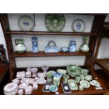 A COLLECTION OF VARIOUS COLOURED JASPERWARES, INCLUDING CLOCK, TRINKET BOXES AND PIN TRAYS ETC.