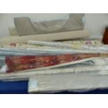 A LARGE QUANTITY OF CURTAIN PELMETS, UNUSED BLINDS, RAILS, TIE BACKS ETC.