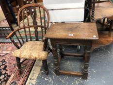 AN ANTIQUE YEW WOOD CRINOLINE STRETCHERED CHILD'S ARM CHAIR TOGETHER WITH A OAK JOINT STOOL.