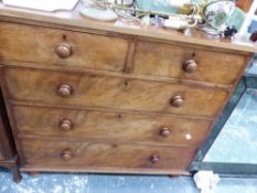 A VICTORIAN MAHOGANY FIVE DRAWER CHEST. H 100 W 107 D 49cms TOGETHER WITH TWO 1920'S WALNUT CHESTS