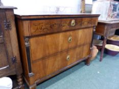 A INLAID FRUIT WOOD BIEDERMEIER THREE DRAWER COMMODE H 85 x W 111 x D 60cms