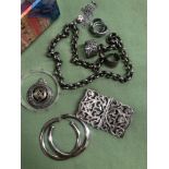 A COLLECTION OF JEWELLERY TO INCLUDE A BELCHER CHAIN, NURSES BUCKLE, EARRINGS, SILVER PENDANT ETC.