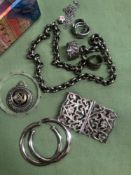 A COLLECTION OF JEWELLERY TO INCLUDE A BELCHER CHAIN, NURSES BUCKLE, EARRINGS, SILVER PENDANT ETC.
