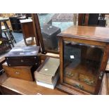 AN EDWARDIAN OAK SMOKERS CABINET TOGETHER WITH TWO VICTORIAN WORK BOXES AND TWO COPIES OF MRS