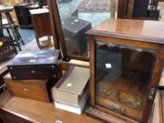 AN EDWARDIAN OAK SMOKERS CABINET TOGETHER WITH TWO VICTORIAN WORK BOXES AND TWO COPIES OF MRS