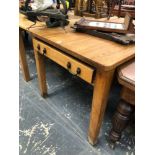 AN ANTIQUE PINE ONE DRAWER KITCHEN TABLE. W 138 H 76 D85cms