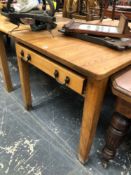 AN ANTIQUE PINE ONE DRAWER KITCHEN TABLE. W 138 H 76 D85cms