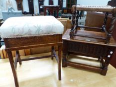 A SMALL CARVED OAK OCCASIONAL TABLE TOGETHER WITH TWO STOOLS