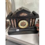 AN ANTIQUE SLATE AND INLAID MANTEL CLOCK TOGETHER WITH A MAPPIN AND WEBB CUTLERY BOX A ANTIQUE