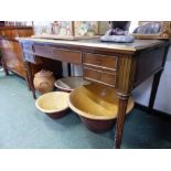 AN ANTIQUE FRENCH MAHOGANY BRAD MOUNTED WRITING TABLE, INSET TOP ABOVE APRON DRAWERS H 73 x W 131