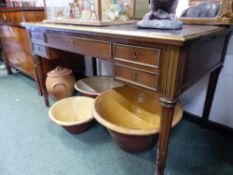 AN ANTIQUE FRENCH MAHOGANY BRAD MOUNTED WRITING TABLE, INSET TOP ABOVE APRON DRAWERS H 73 x W 131