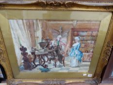 LATE 19th C. ITALIAN SCHOOL IN THE LIBRARY, SIGNED INDISTINCTLY, WATERCOLOUR. 40 x 53cms