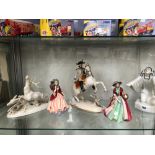 A KUNST PORCELAIN PIERROT MIME FIGURE, A NYMPHENBURG HORSE AND RIDER, TWO PARAGON LADIES AND A