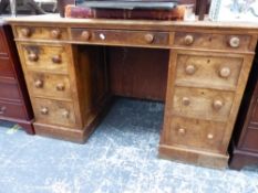 AN ANTIQUE VICTORIAN SATIN BIRCH TWIN PEDESTAL DESK, UNUSUAL FITTED CENTRAL APRON DRAWER WITH