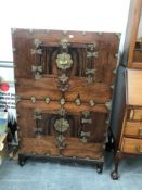 VINTAGE BRASS BOUND KOREAN TWO PART CABINET ON STAND H 127 x W 81 x D 41cms