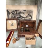 A VINTAGE INK STAND, FRAMED TILES, CHARCOAL DRAWINGS SIGNED AND DARTED 1961, CAP BADGES ETC