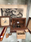 A VINTAGE INK STAND, FRAMED TILES, CHARCOAL DRAWINGS SIGNED AND DARTED 1961, CAP BADGES ETC