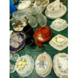 FOUR VINTAGE CERAMIC JELLY MOULDS, A PAIR OF DECANTERS, DRINKING GLASSWARE'S ETC.