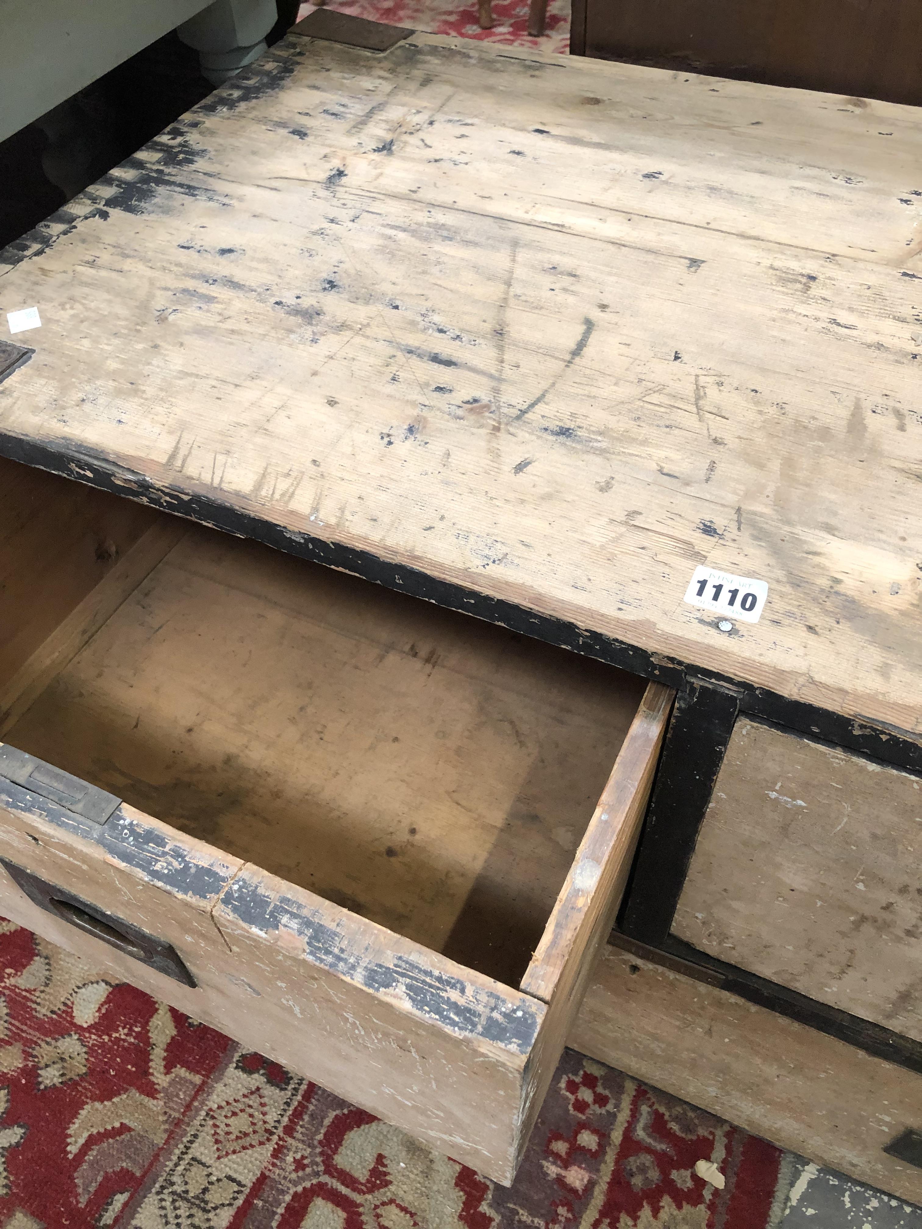 A 19th C. PAINTED CHEST OF TWO SORT AND A LONG DRAWER, EACH WITH BRASS CAMPAIGN HANDLES. W 97 x D 53 - Image 6 of 8