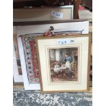 S CLARK MEAL TIME SIGNED 29 x 22 cms TOGETHER WITH A ETHNIC NEEDLEWORK PANEL AND THREE