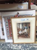 S CLARK MEAL TIME SIGNED 29 x 22 cms TOGETHER WITH A ETHNIC NEEDLEWORK PANEL AND THREE