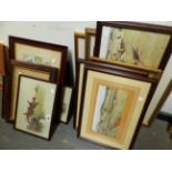LARGE GROUP OF VINTAGE HUNTING AND RELATED PICTURES. INCLUDING TWO CECIL ALDIN DOG PRINTS