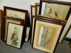 LARGE GROUP OF VINTAGE HUNTING AND RELATED PICTURES. INCLUDING TWO CECIL ALDIN DOG PRINTS