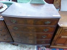 A MODERN YEW WOOD VENEERED BOW FRONT CHEST OF FOUR GRADED LONG DRAWERS ON BRACKET FEET. W 79 x D