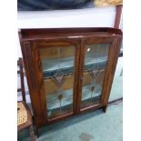 VINTAGE ART DECO STYLE OAK DISPLAY CABINET WITH LEADED GLASS DOORS. H 107 x W 90 x D 25 cm's