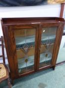 VINTAGE ART DECO STYLE OAK DISPLAY CABINET WITH LEADED GLASS DOORS. H 107 x W 90 x D 25 cm's