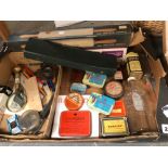 A COLLECTION OF VINTAGE TINS, ARTISTS EQUIPMENT, TEAPOTS, CLOTHES BRUSHES, FUR ETC.