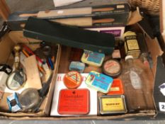 A COLLECTION OF VINTAGE TINS, ARTISTS EQUIPMENT, TEAPOTS, CLOTHES BRUSHES, FUR ETC.